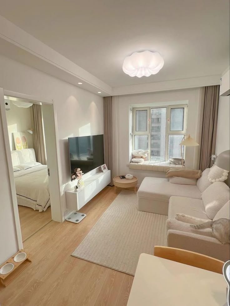 Bright modern apartment interior with sofa and bedroom view